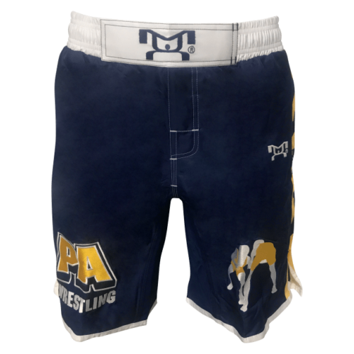 Embroidered PA Wrestling Shorts W/ Navy and Gold Sublimated Side Panels - Image 2