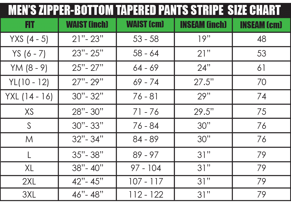 men's zipper-bottom tapered pants stripe size chart