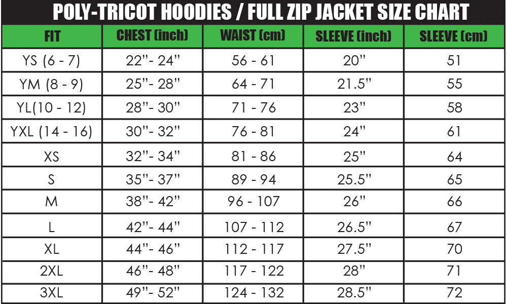 Hoodies size chart