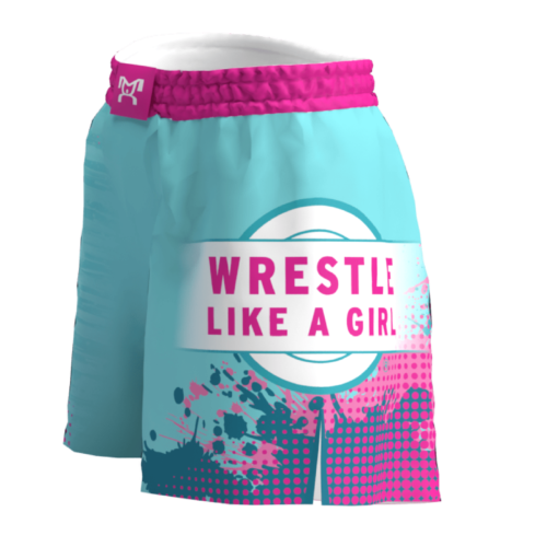 Wrestle Like A Girl Pink & Teal Women's Custom Fight Shorts - Image 5